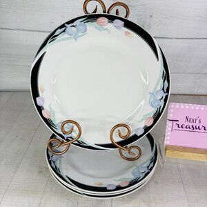 Excel CARAVEL Pink Purple Floral Iris Tulips Black Border Dinner Plates Set of 4